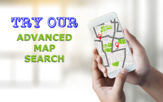 Person holding a phone with cartoon map and words that say "try our advanced map search"