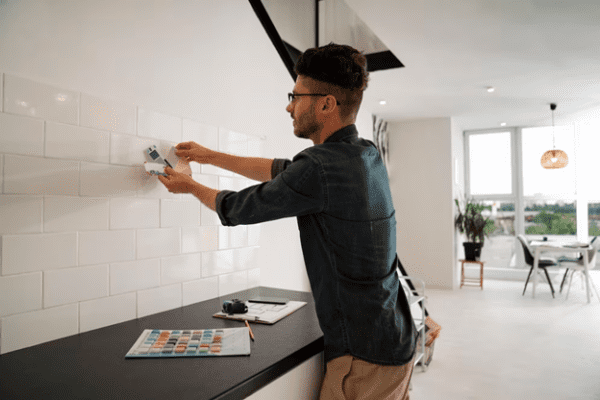 Man Tiling a Backsplash in a Kitchen